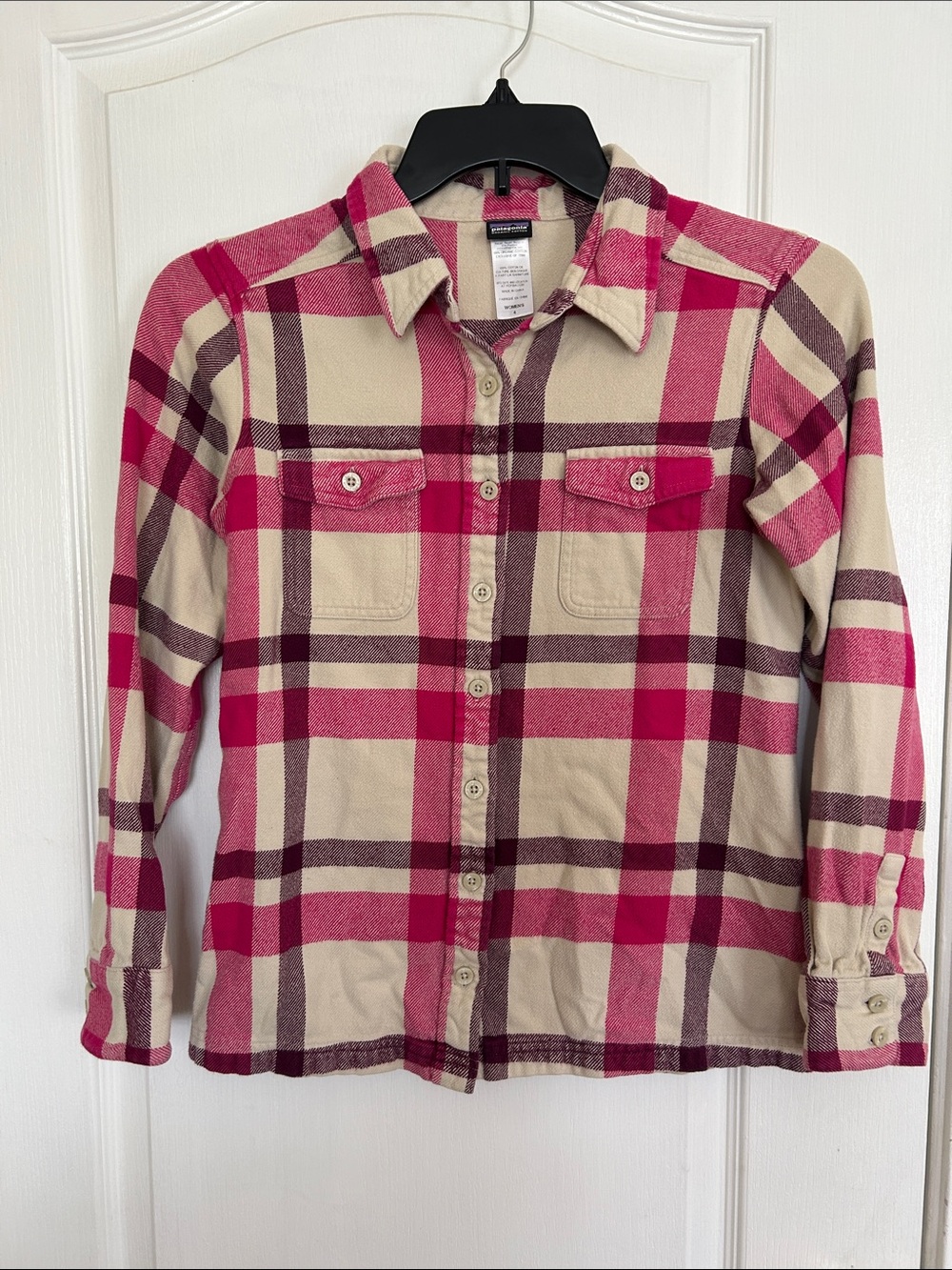 Patagonia Women’s Plaid Flannel Shirt in Pink & Cream, Size 4